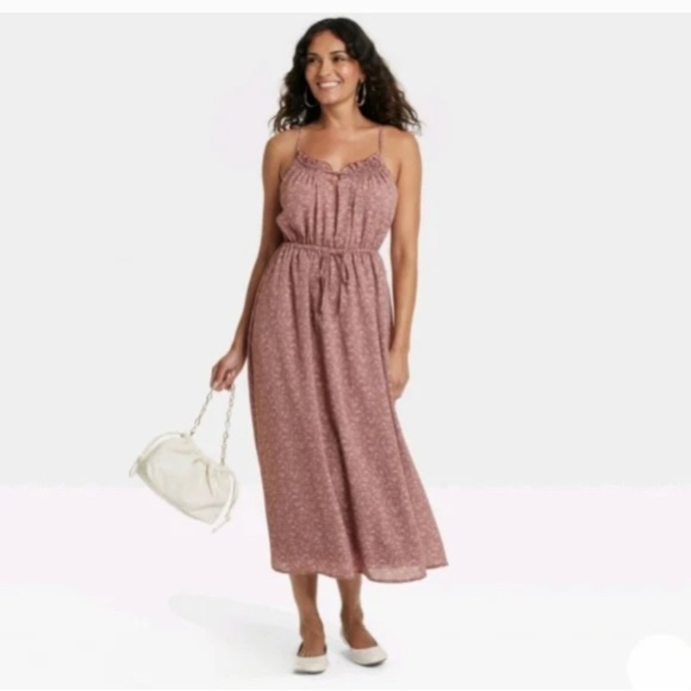Universal Thread Mauve Floral Midi Dress Ruched Neck Strappy L NWT